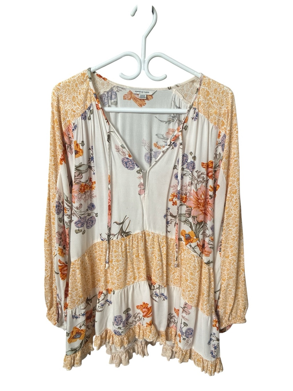 American Eagle Floral Tiered Peasant Top - Cream & Mustard